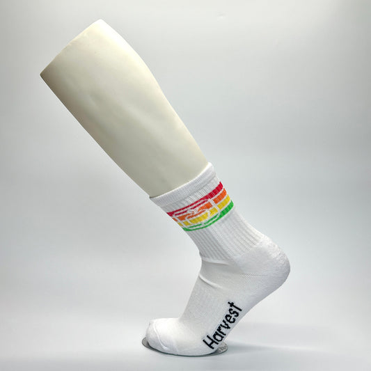 Calcetas personalizadas urbanas o semideportivas con fondo blanco y una franja de lineas en color orojo, naranja, amarillo y verde y al centro un icono de una manzana. 