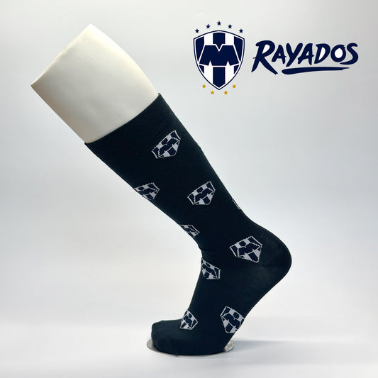 Calcetas personalizadas tradicionales para rayados con logo tejido. Se venden en las tiendas oficiales del club de futbol de rayados.
