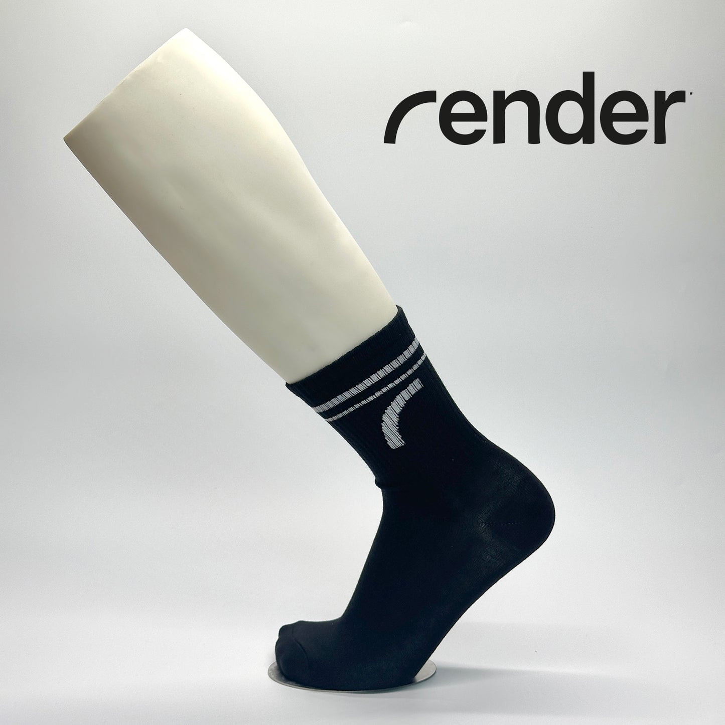 CCalcetas personalizadas semi deportivas negras con logo bordado de la empresa render en color blanco. Se utilizó como regalo corporativo para clientes. 