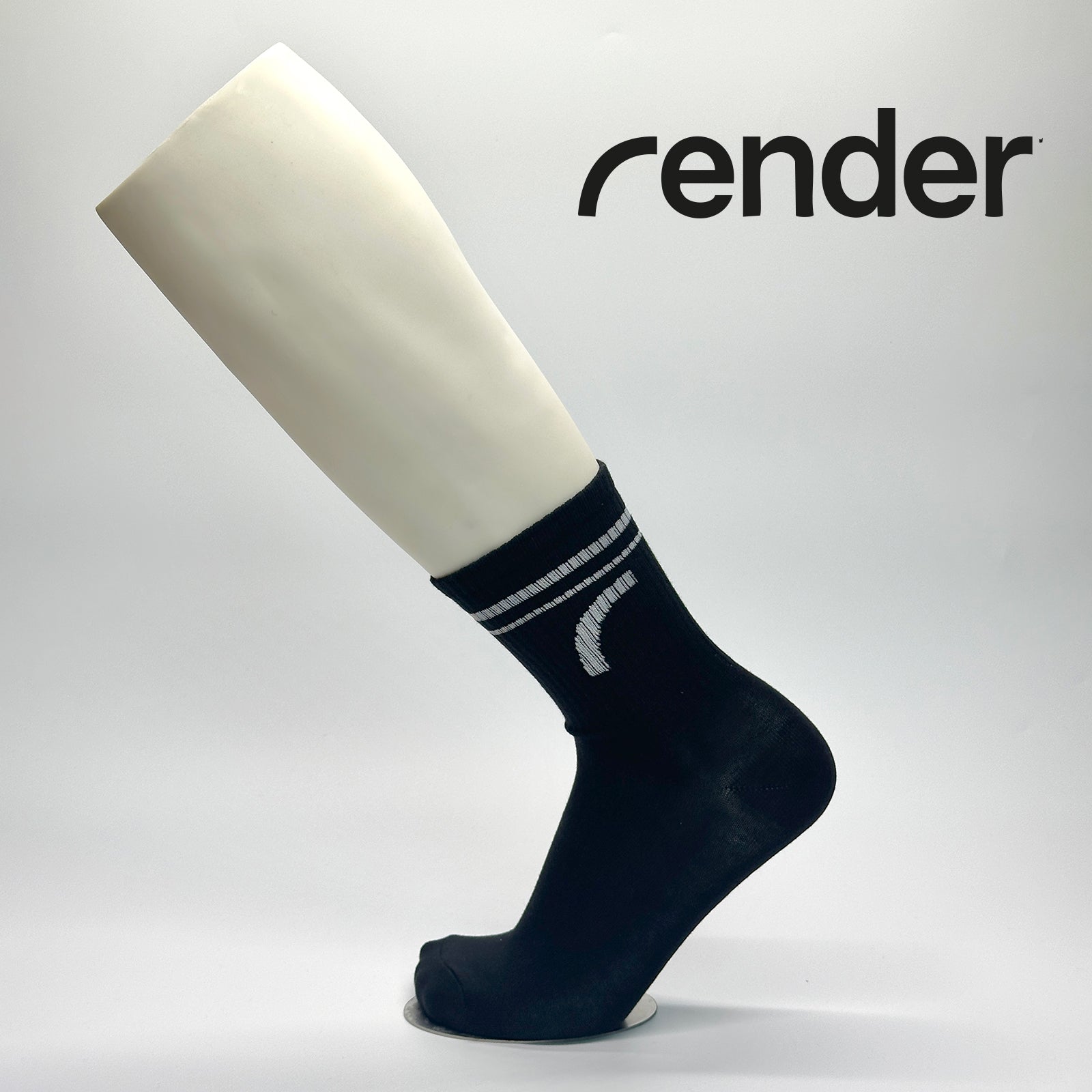 CCalcetas personalizadas semi deportivas negras con logo bordado de la empresa render en color blanco. Se utilizó como regalo corporativo para clientes. 