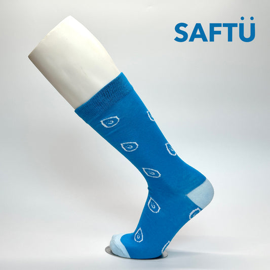 Calcetas personalizadas de vestir azul con patrón de gotas y logo de empresa Saftu. 